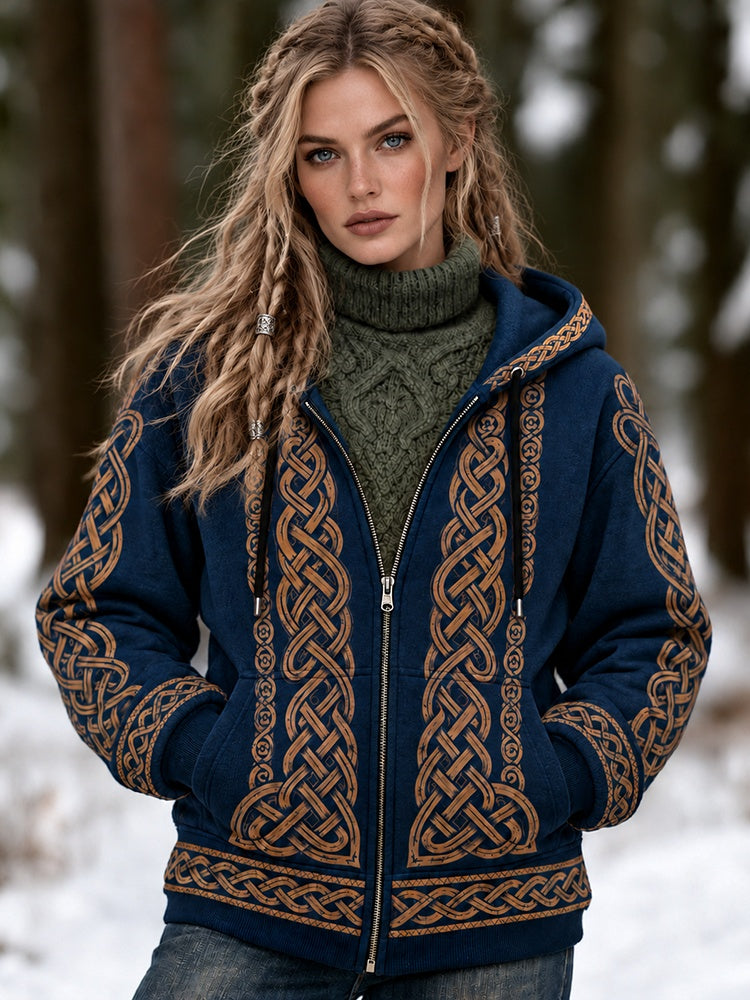 Women's Vintage Viking Celtic Knot Art Casual Zip Up Hoodie