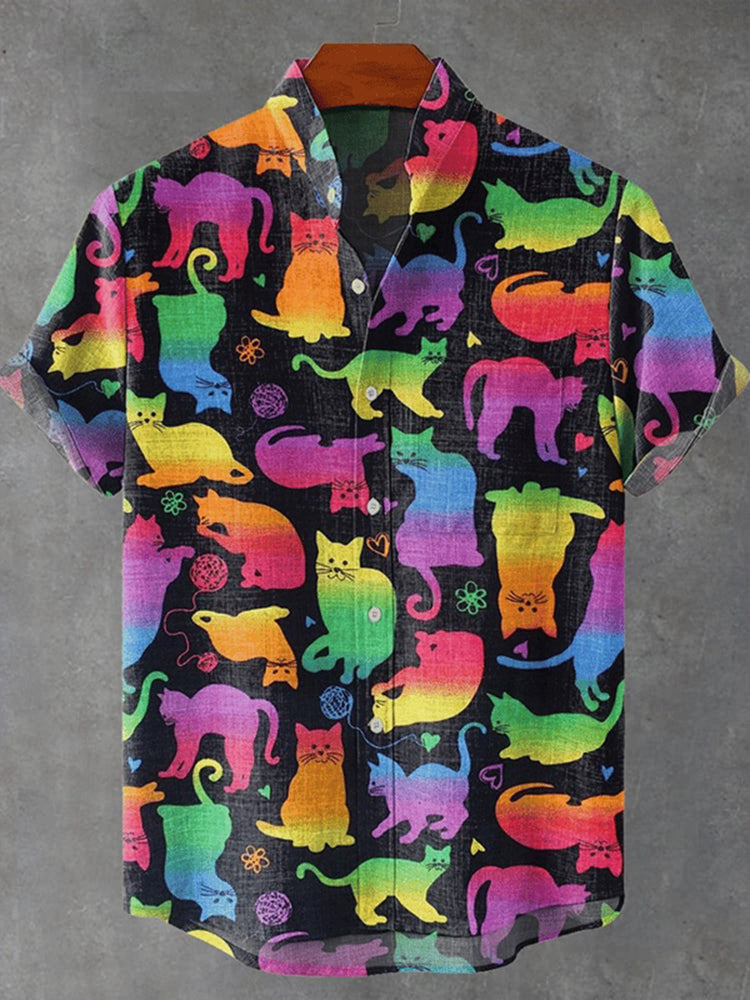 Men's Retro Colorful Fun Cat Print Casual Linen Blend Shirt