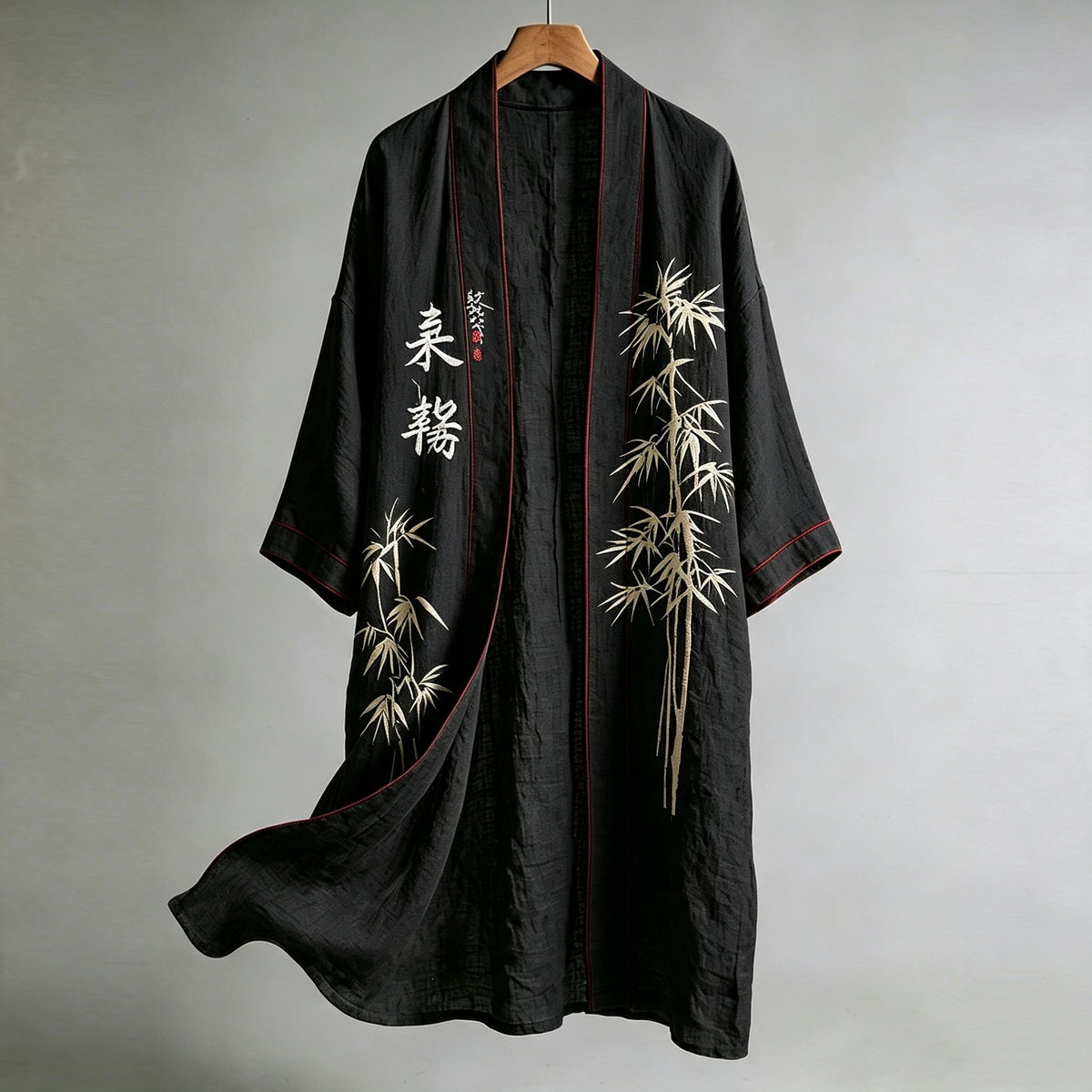 Retro Japanese Bamboo Art Pattern Casual Linen Long Kimono Cardigan