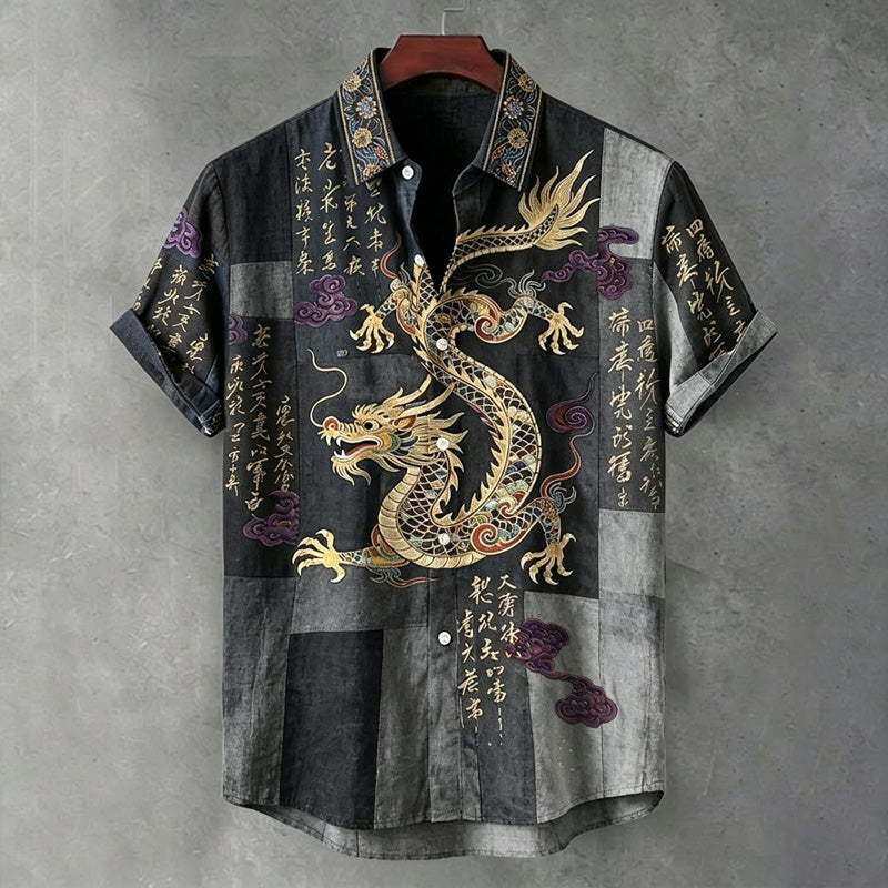 Men's Vintage Japanese Calligraphy Dragon Art Pattern Linen Blend Shirt