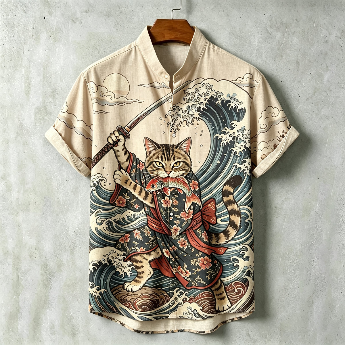 Men's Samurai Wave Print Short-sleeve Cotton Linen Shirt