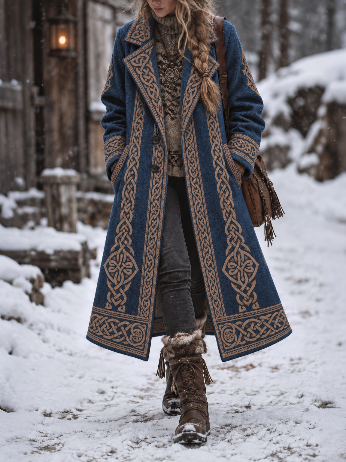 Women's Retro Viking Geometry Celtic Knot Pattern Art Cozy Coat