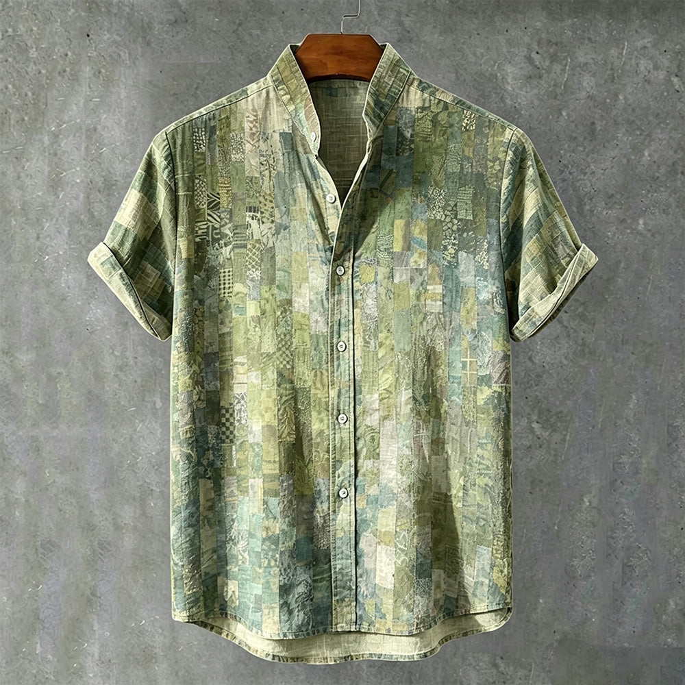 Men's Japanese Style Colorful Geometric Art Vintage Casual Short Sleeve Shirt