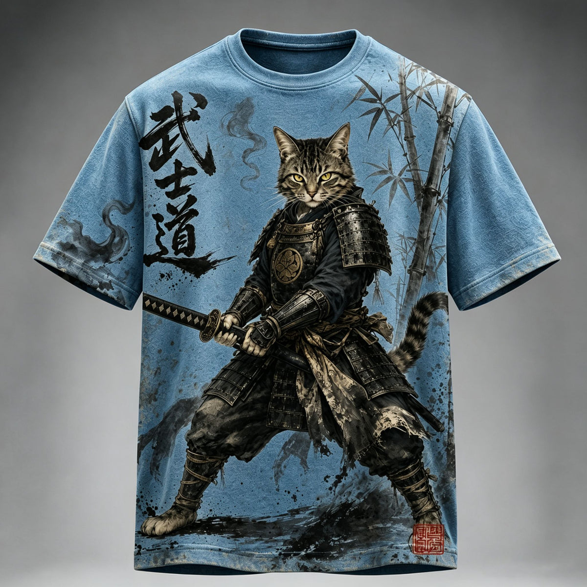Men's Retro Japanese Cat Samurai Art Print Short Sleeve T-shirt