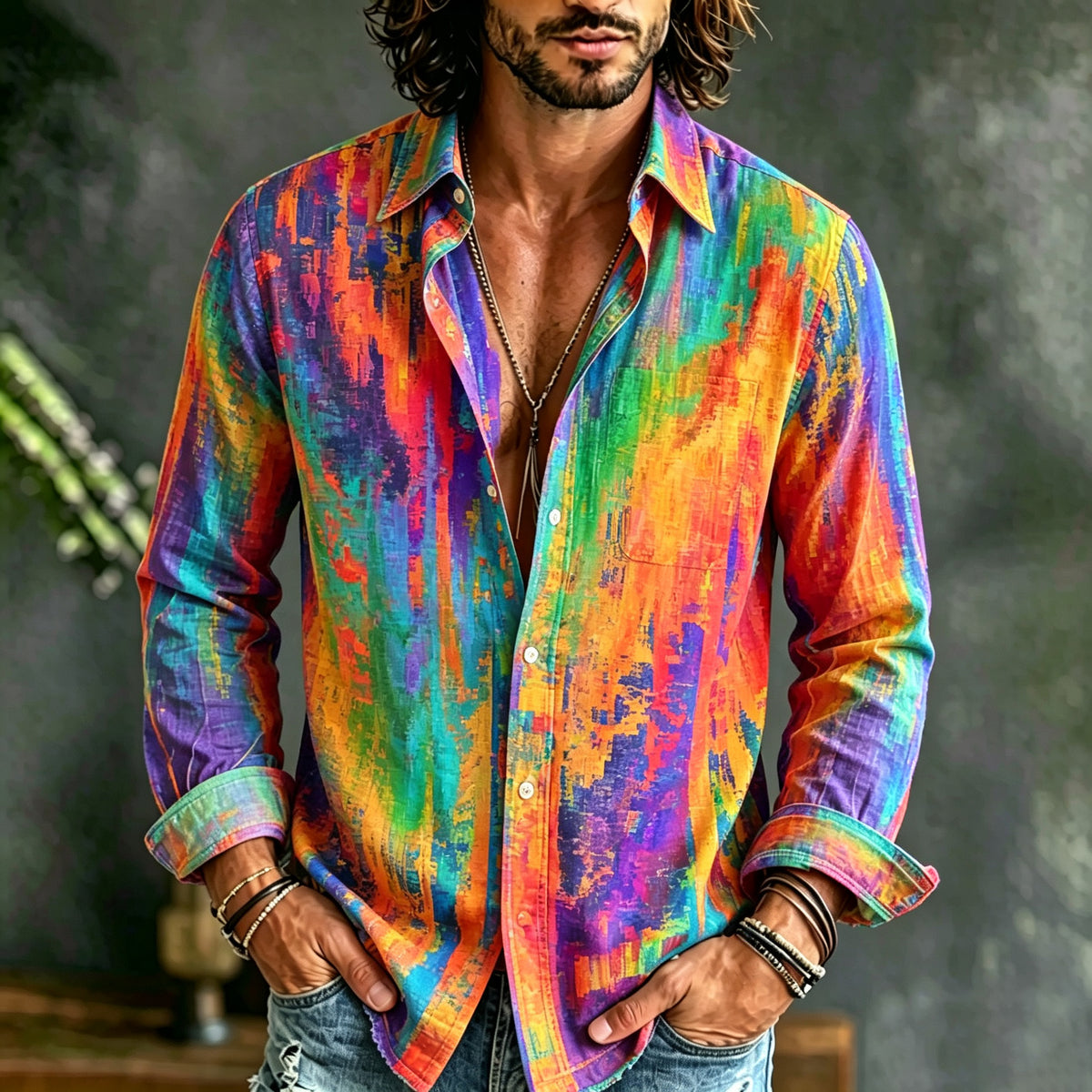 Herren Retro Regenbogenmeliertes Langarm-Leinenhemd mit Kunstdruck