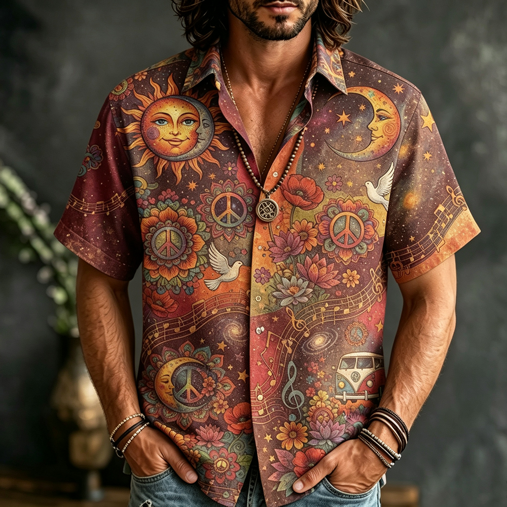 Men's Short-sleeve Button-down Shirt With Sun, Moon, Peace Sign, And Floral Psychedelic Print
