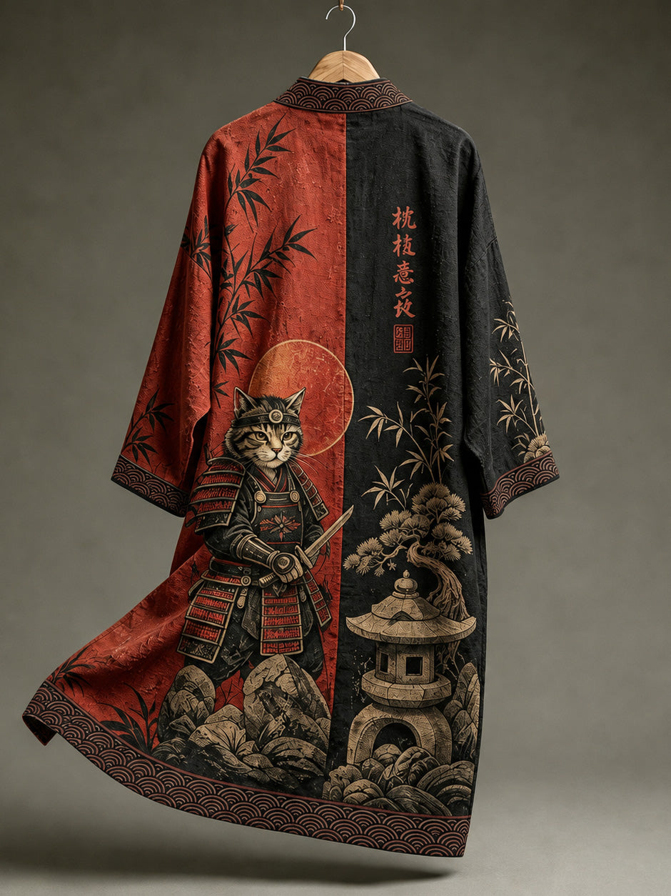 Herren Retro Samurai Katze Kunstdruck Leinenmischung Langer Kimono