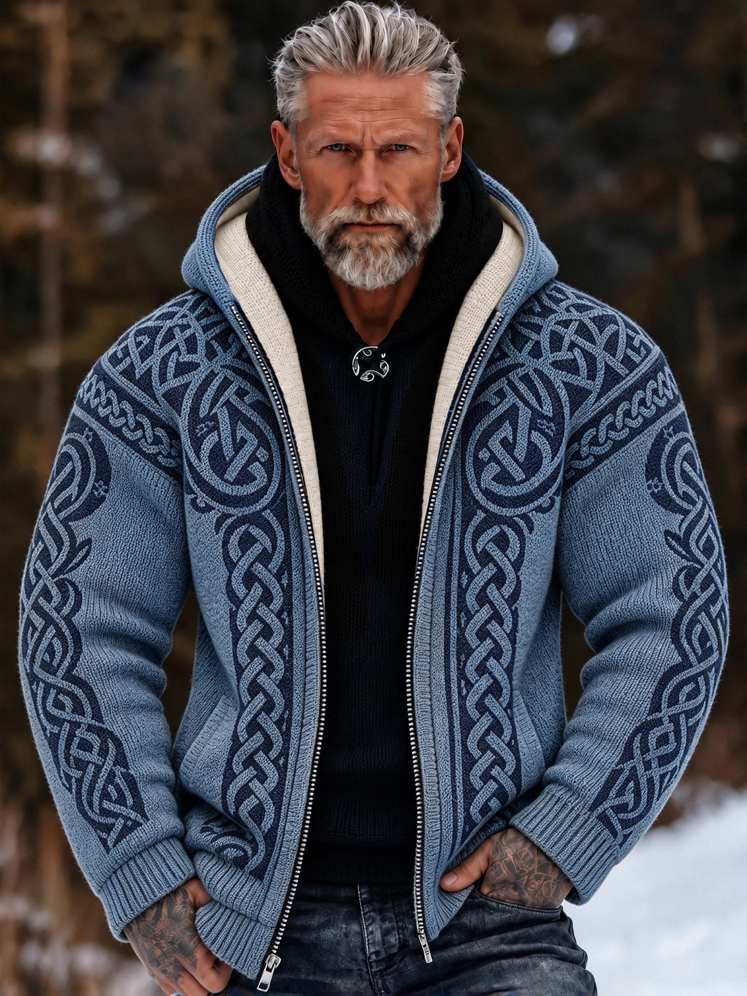 Men's Vintage Viking Celtic Knot Cozy Warm Knitted Jacquard Zipper Hooded Sweater