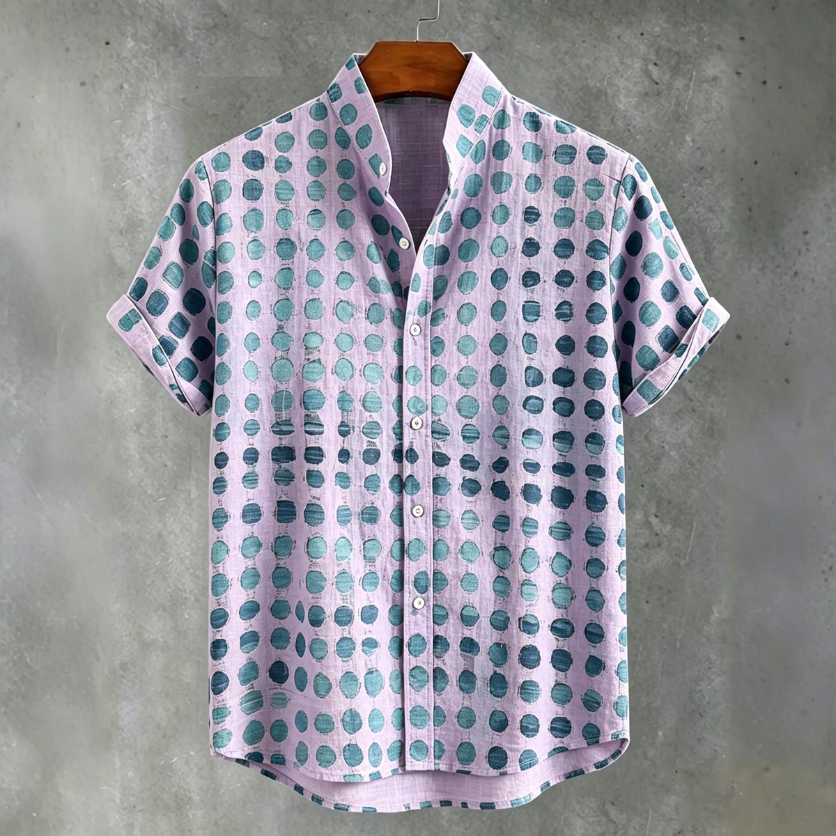 Abstract 70s Hippie Gradient Teal‑blue Distressed Oval‑dot Art Print Men's Short Sleeve Button Up Shirt