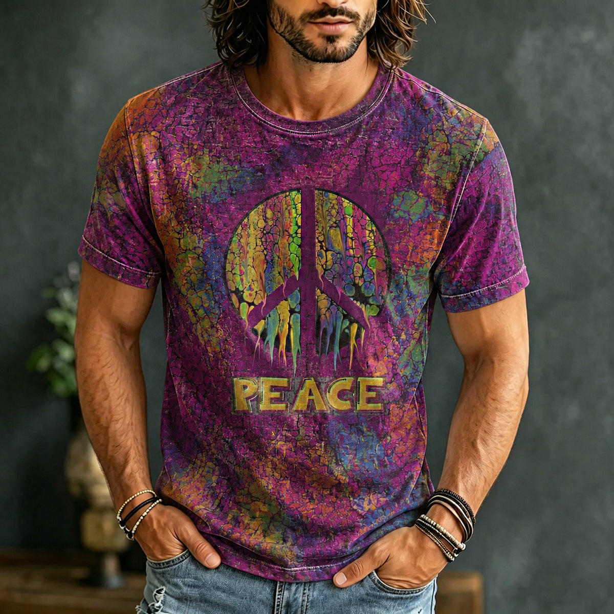 Men's Retro Hippie Style Printed Cotton Linen T-shirt