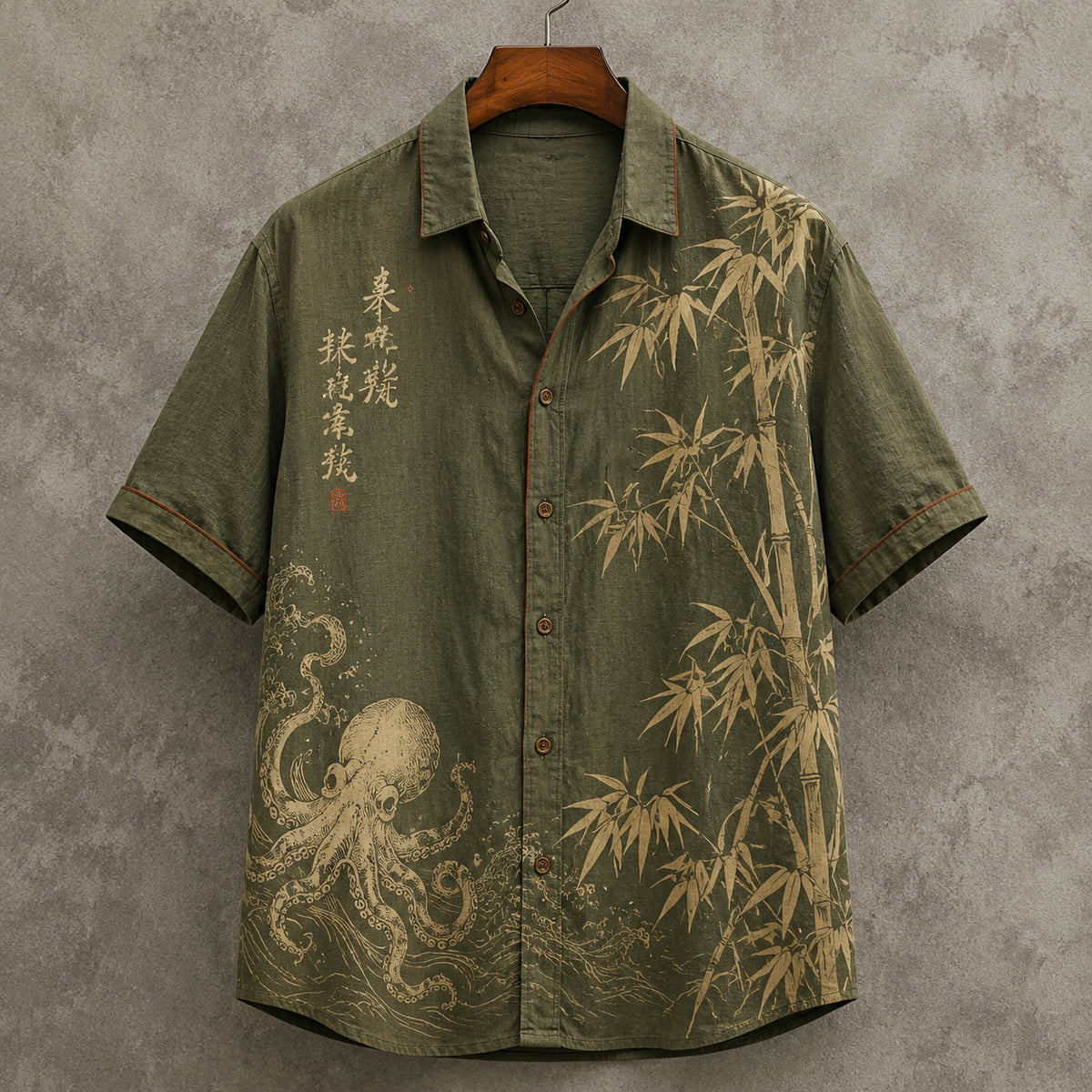 Men's Vintage Japanese Octopus And Bamboo Art Print Short Sleeve Shirt