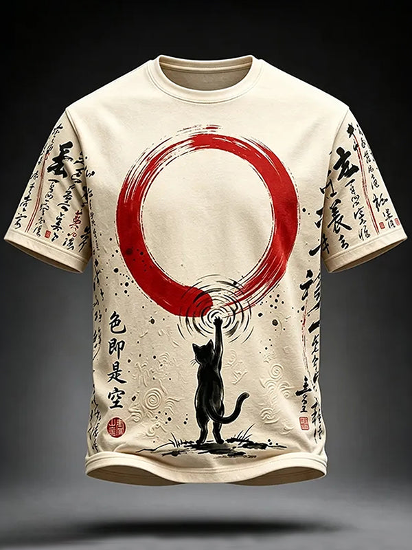 Men's Japanese Art Black Cat Print Short-sleeve Crew Neck T-shirt