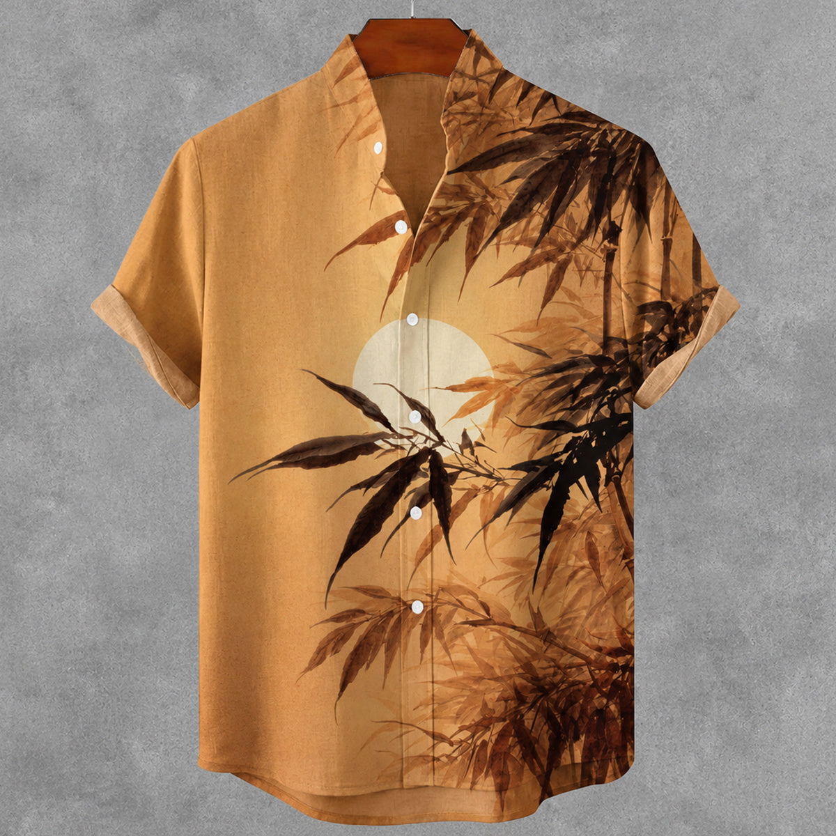 Men's Retro Sunset And Bamboo Art Print Short Sleeve Shirt