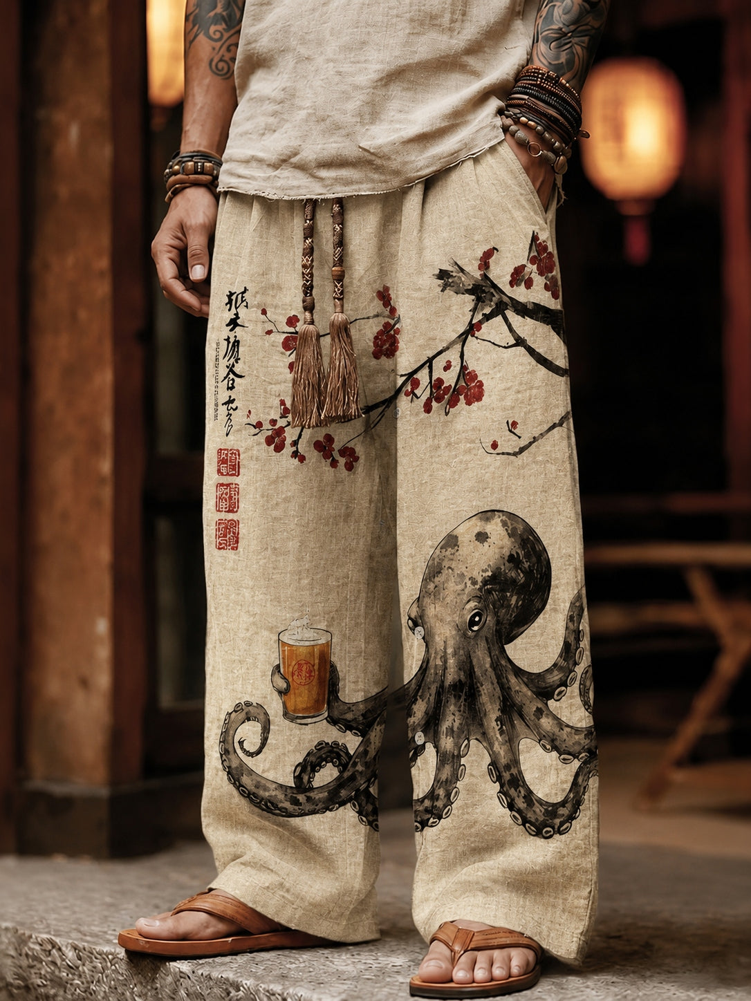 Men's Octopus Drinking Tea Under The Cherry Tree Art Print Casual Pants