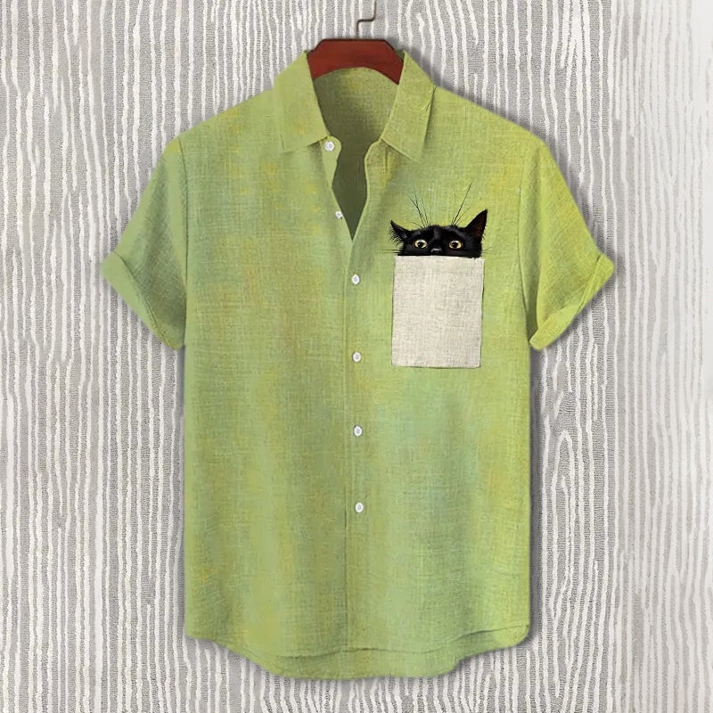 Men's Black Cat Hiding In Pocket Print Casual Linen Shirt