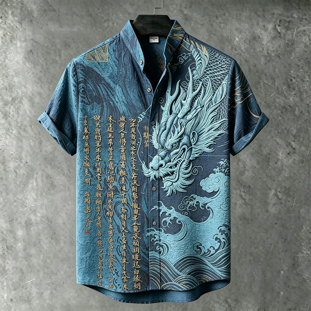 Men's Retro Japanese Art Dragon And Calligraphy Embroidered Print Short-sleeve Shirt