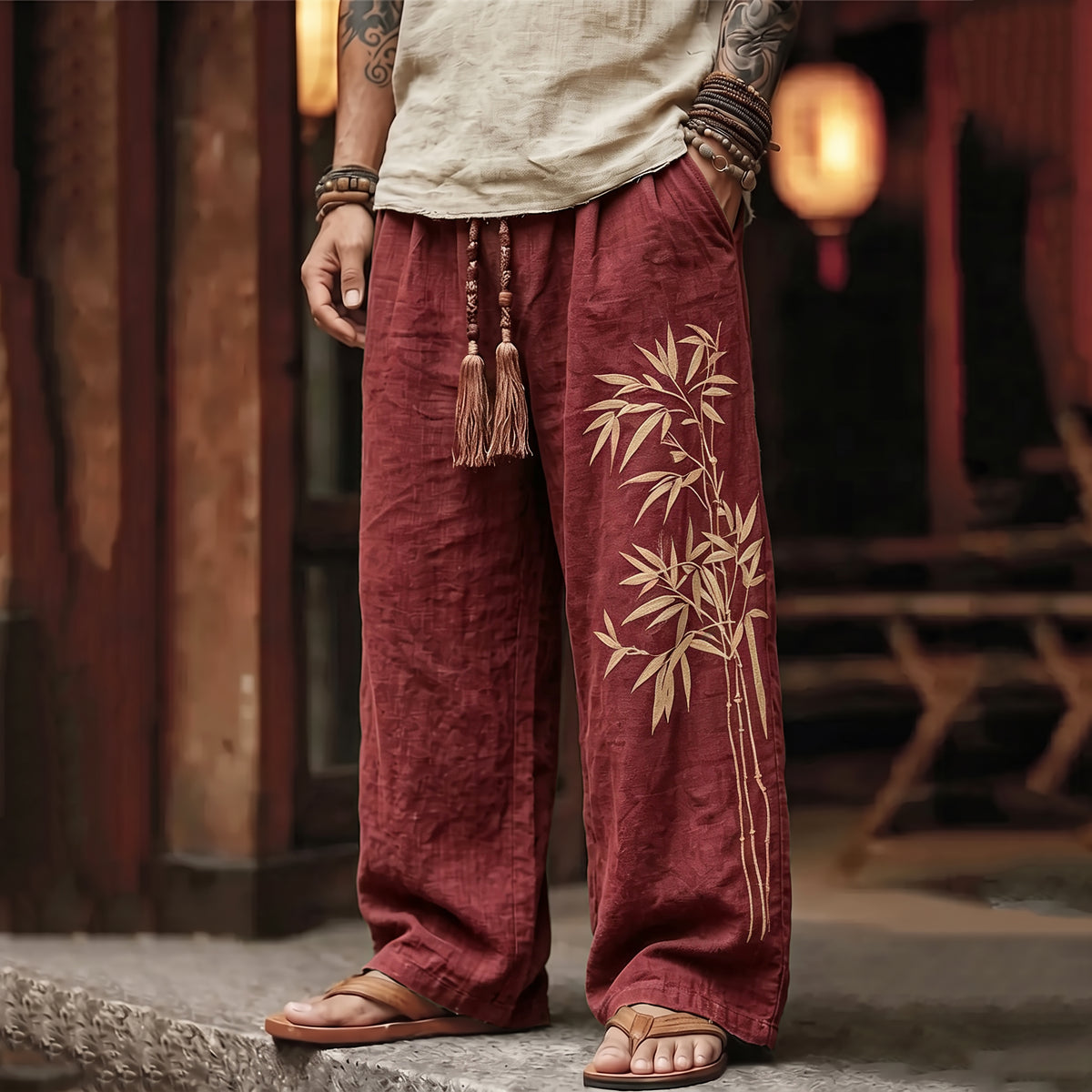 Men's Vintage Japanese Bamboo Art Print Linen Blend Pants