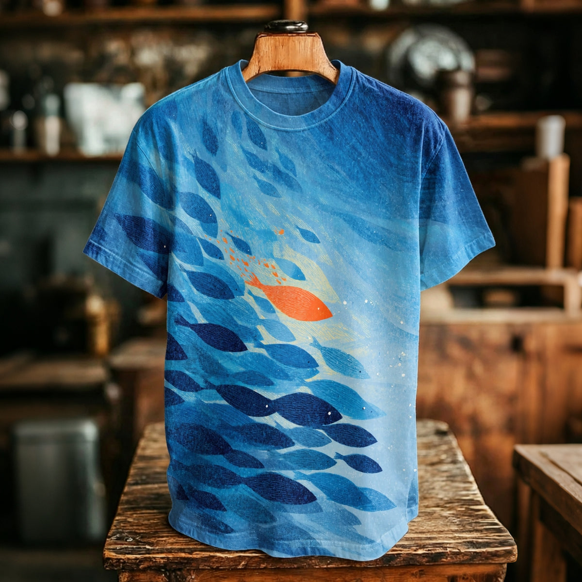 Men's Retro Japanese Fish Art Print Casual T-shirt