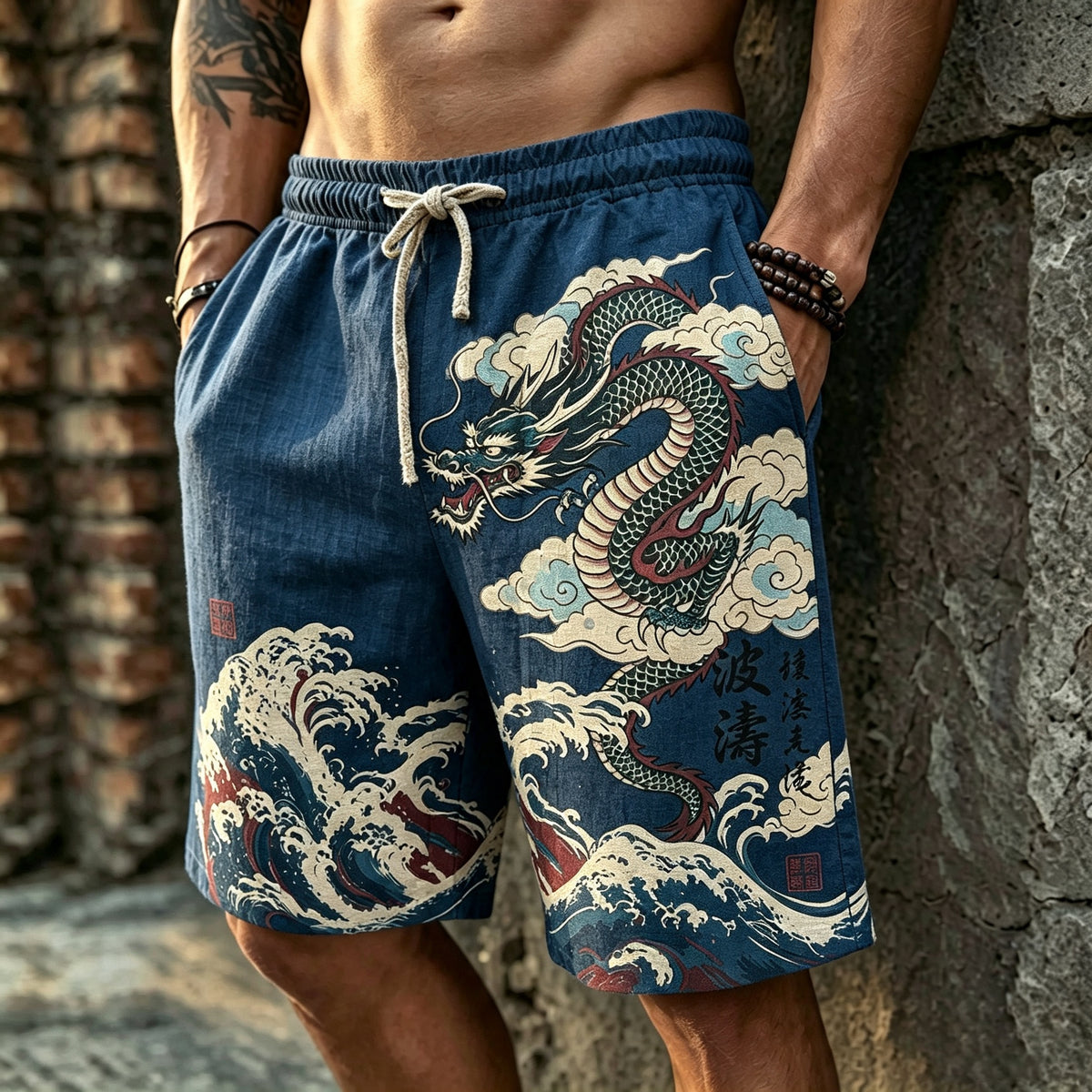 Men's Japanese Art Wave And Dragon Art Print Shorts