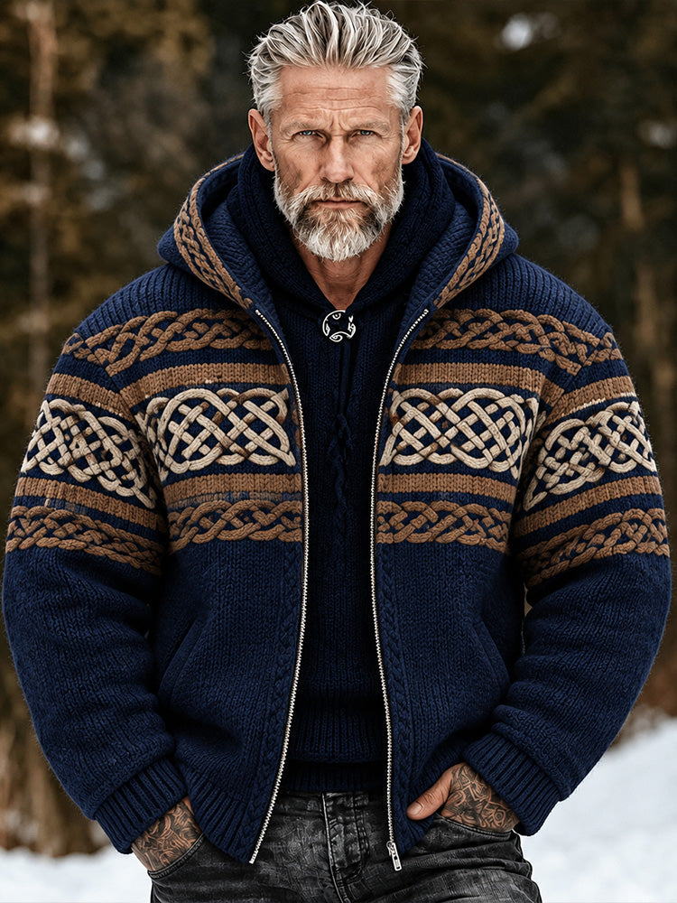 Men's Viking Celtic Knot Art Jacquard Warm Cardigan Zipper Hoodie Sweater