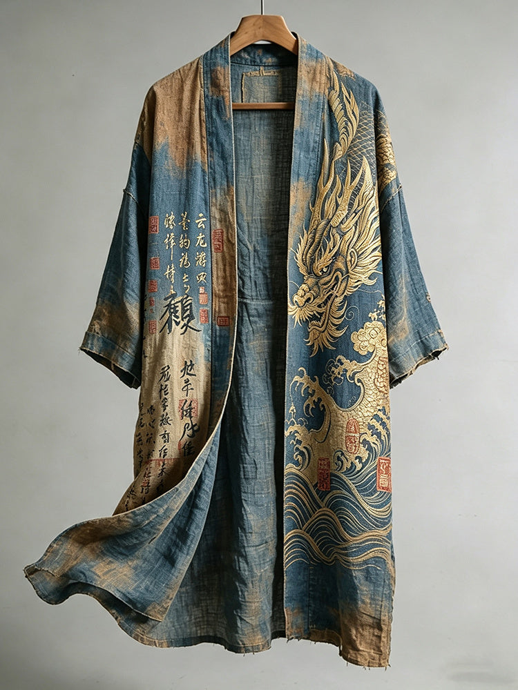 Men's Retro Calligraphy And Dragon Art Print Linen Blend Long Kimono