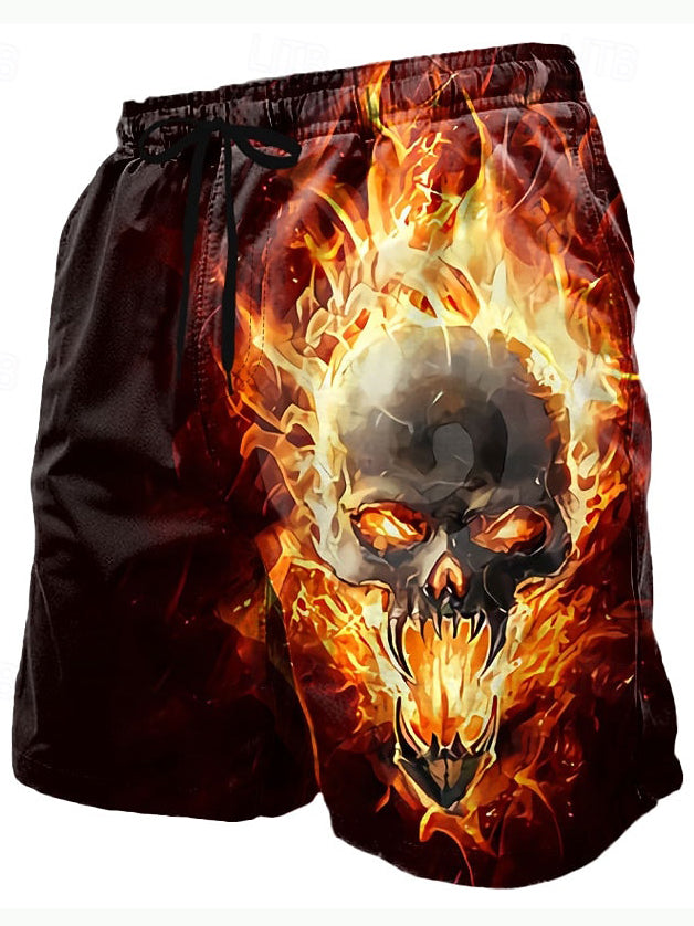 Men's Retro Halloween Flame Skull Pattern Casual Shorts