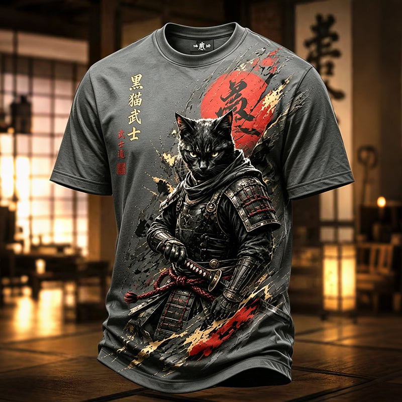 Men's Brave Black Cat Samurai Japanese Art Print T-shirt