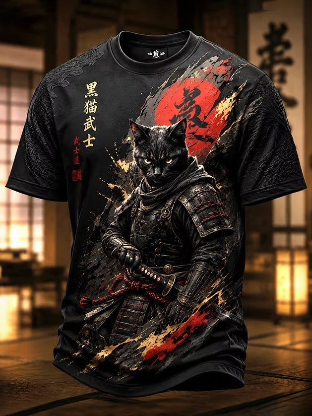Men's Brave Black Cat Samurai Japanese Art Print T-shirt
