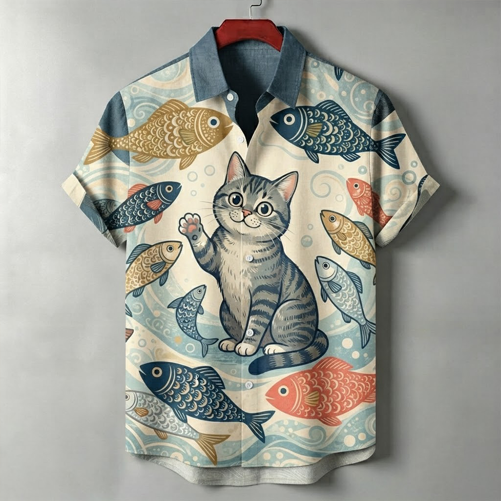 Men's Japanese Ukiyo-e Waving Tabby Cat And Fish Print Short Sleeve Shirt