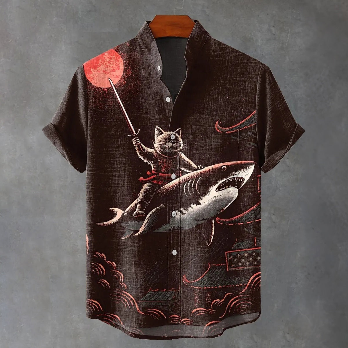 Vintage A Samurai Cat Riding A Shark Print Casual Shirt