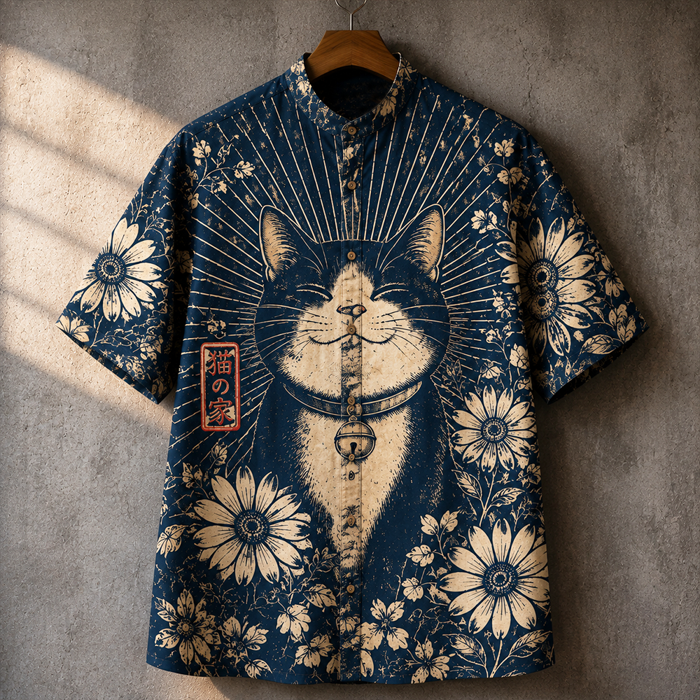 Men's Japanese Style Cat Print Shirt - Maneki Neko & Sunflower Short Sleeve Stand Collar Top