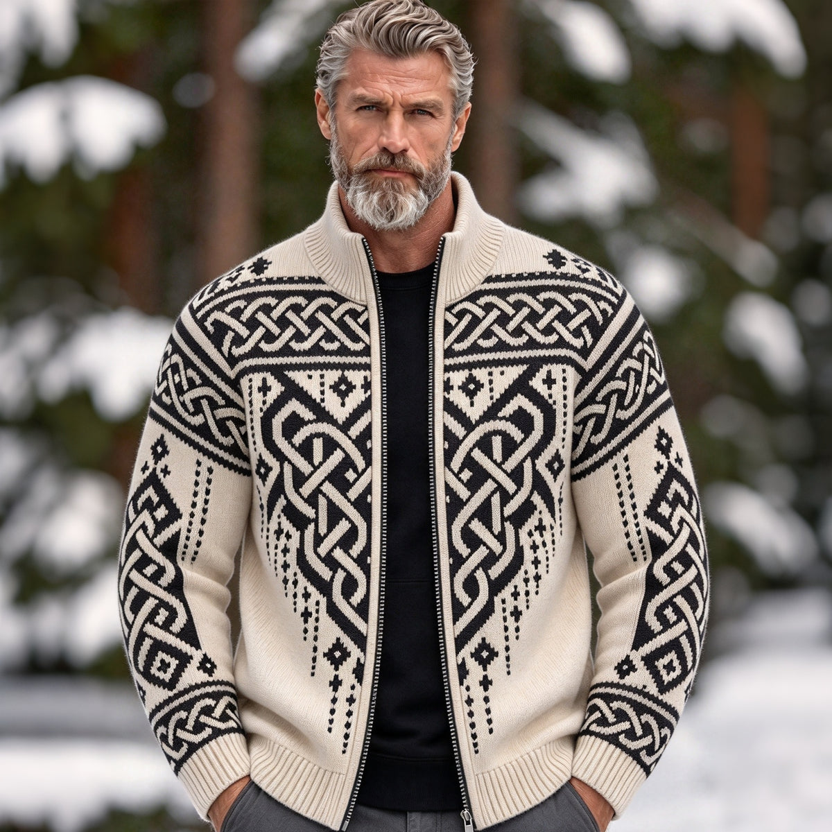 Men's Vintage Viking Celtic Knot Knit Zip-up Cardigan