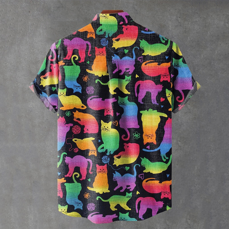 Men's Retro Colorful Fun Cat Print Casual Linen Blend Shirt