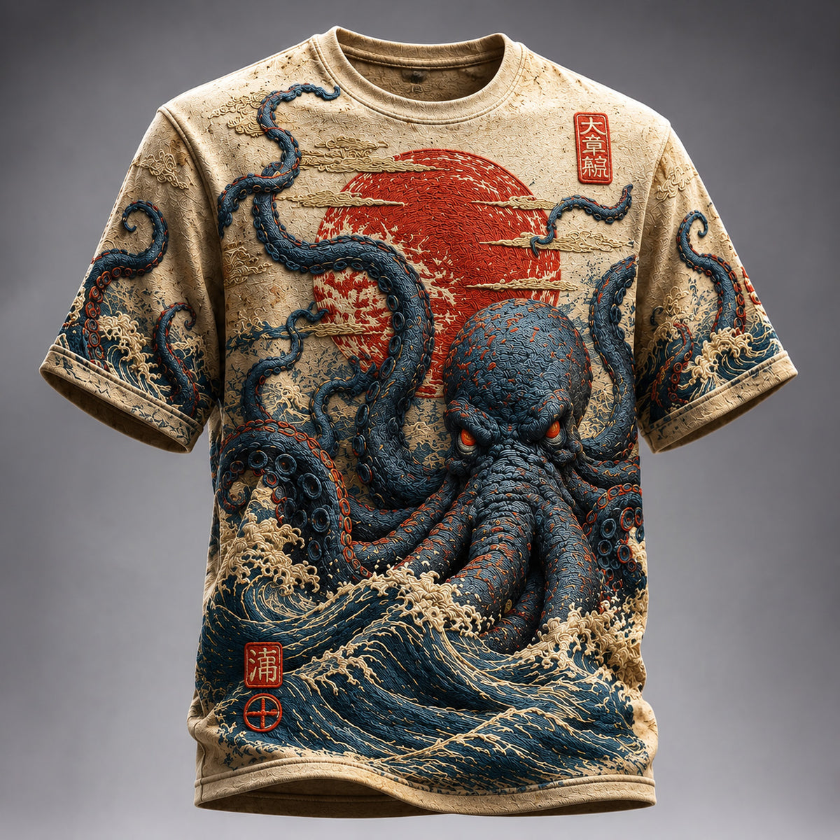 Men's Japanese Octopus And Wave Art Print Crew Neck Short Sleeve T-shirt
