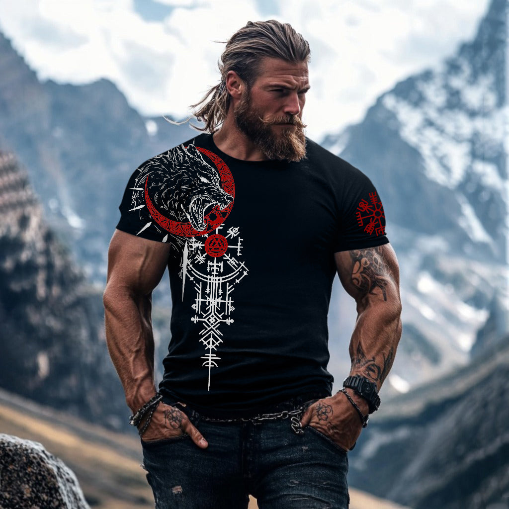 Men's Vintage Viking Wolf Totem Graphic Casual T Shirt