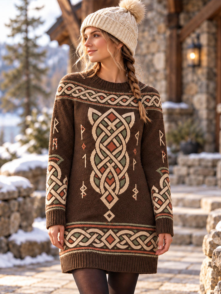 Women's Viking Celtic Knot And Rune Pattern Long Knit Sweater Dress