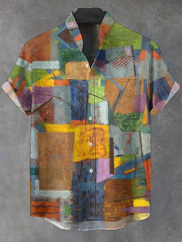 Men's Retro Geometric Color Block Art Print Linen Blend Short-sleeve Shirt