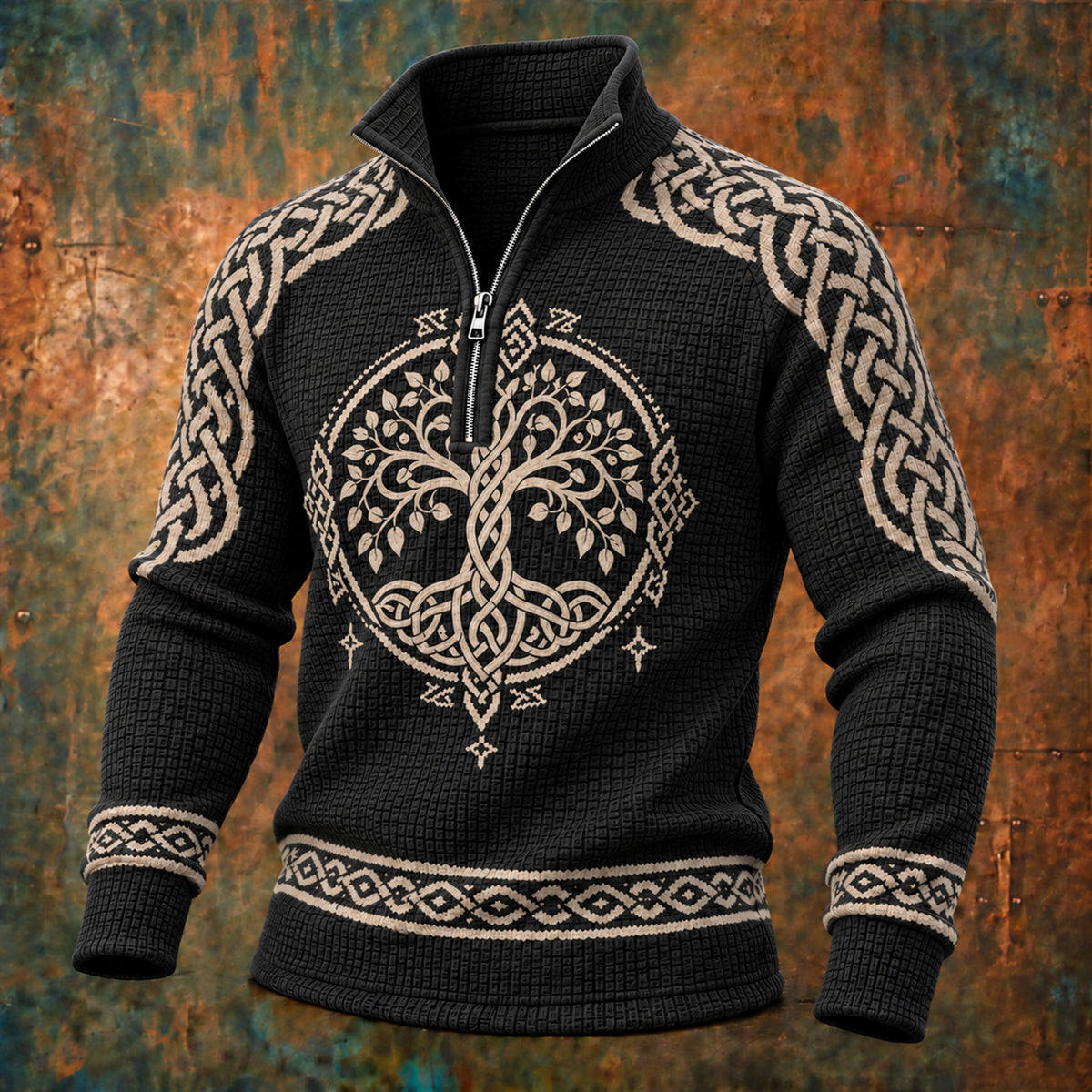 Men’s Vintage Tree Of Life And Celtic Knot Print Long-sleeve Waffle-knit Sweatshirt