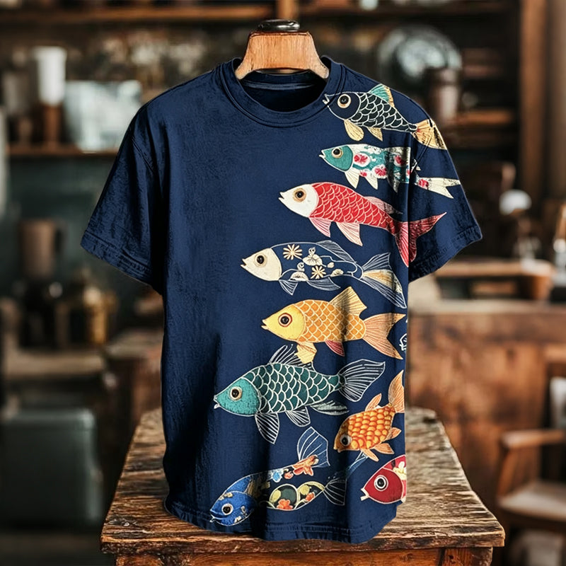 Men's Retro-style Colorful Koi Frog Japanese Art Print Casual T-shirt