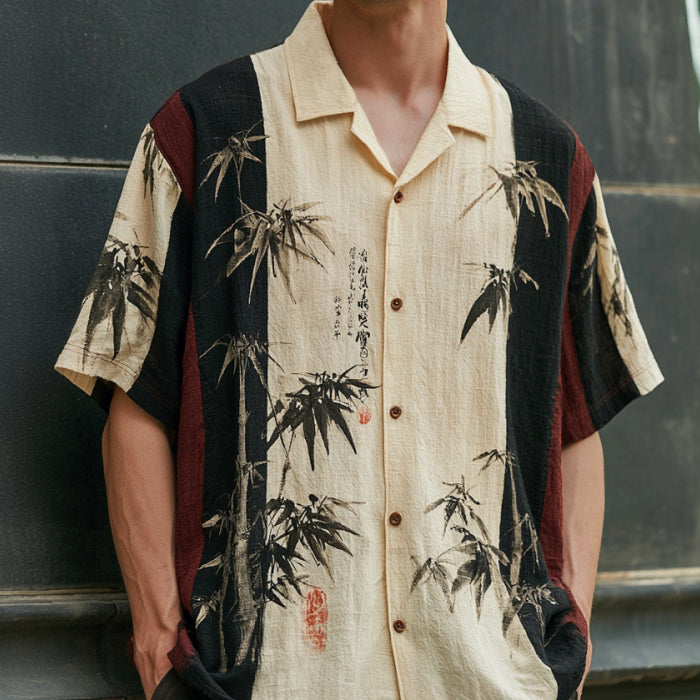 Men's Retro Japanese Style Bamboo Pattern Print Casual Cotton Linen Shirt