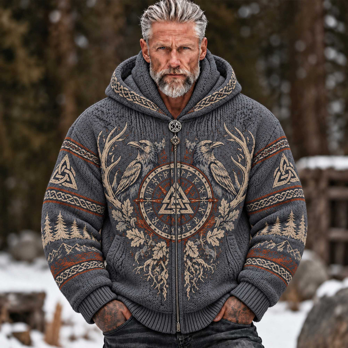 Men's Vintage Viking Norse Compass Raven Celtic Oak Leaf Mountain Graphic Winter Sweater