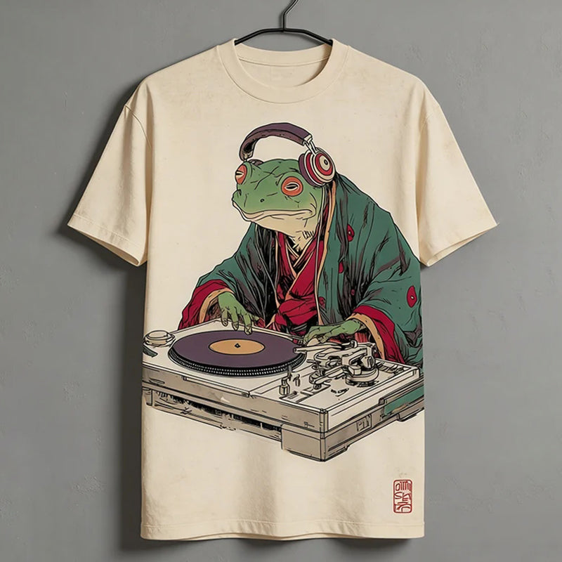 Men's Frog Dj Retro Record Japanese Art Print Casual T-shirt