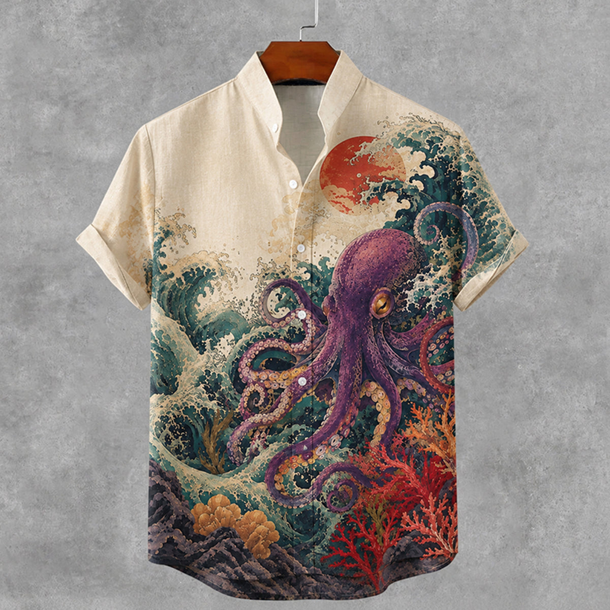 Men's Vintage Japanese Octopus Art Button Casual Cotton Linen Shirt