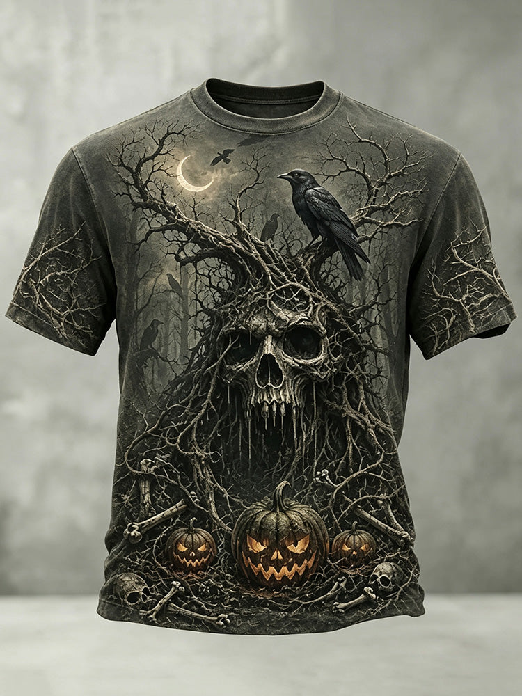 Men's Retro Halloween Skull And Pumpkin Print Casual T-shirt