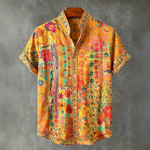 Abstract Hippie Colorful Bohemian Floral  Art Print Men's Short Sleeve Button Up Shirt