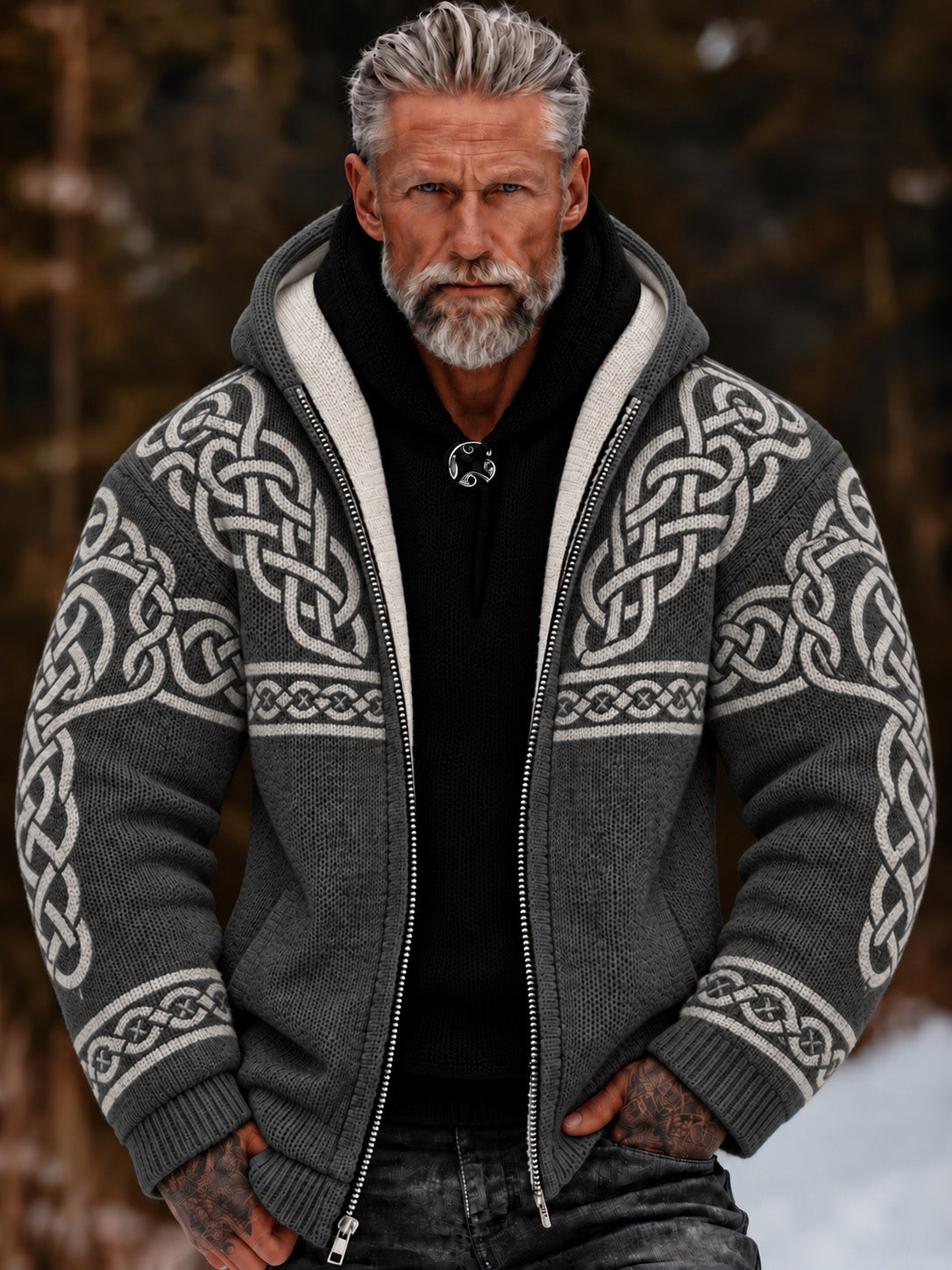 Men's Vintage Viking Celtic Knot Cozy Warm Knitted Jacquard Zipper Hooded Sweater