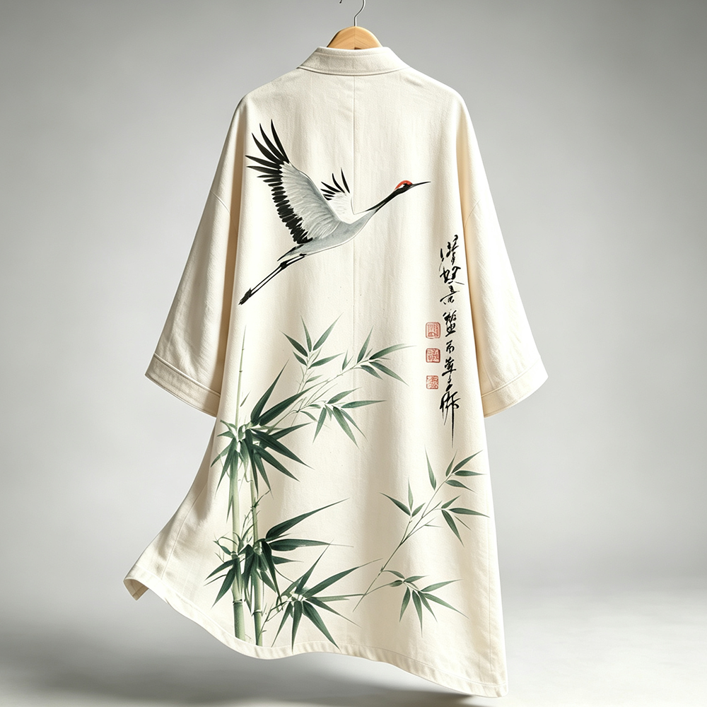 Men's Open-front Traditional Style Cardigan Coat Featuring Traditional Chinese Ink Painting Graphics Of A Flying Red-crowned Crane And Bamboo.