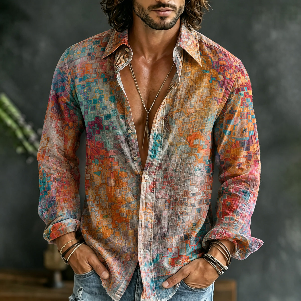 Men's Retro Oil Painting Style Lattice Gradient Art Print Linen Blend Long-sleeve Shirt