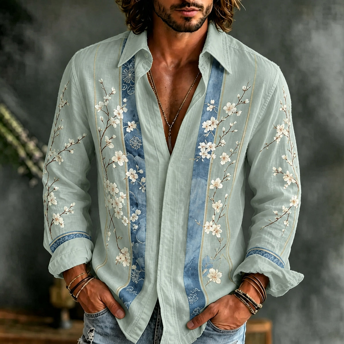 Men's Retro Bohemian Striped Color-blocked Japanese Cherry Blossom Embroidered Print Shirt