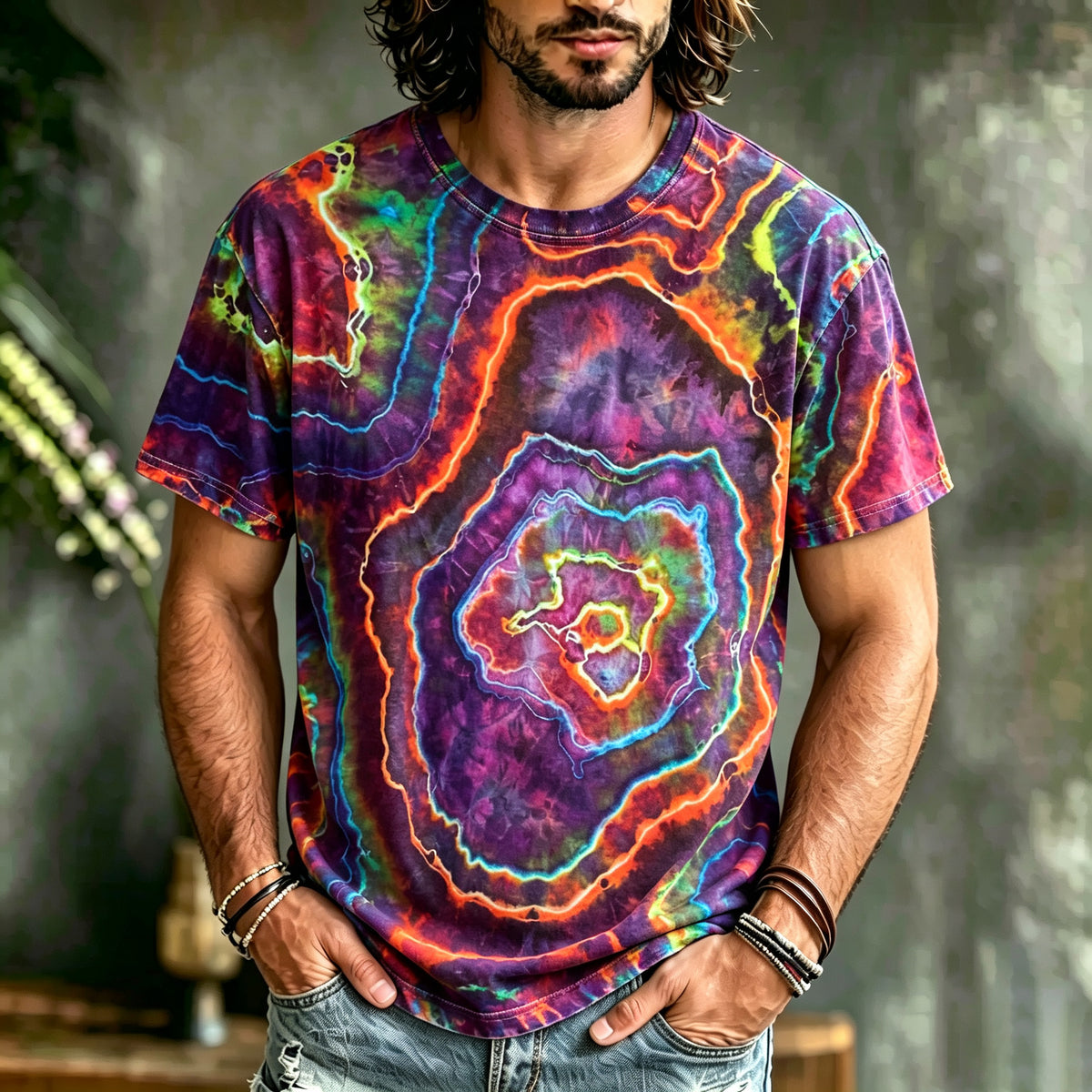 Men's Retro Hippie Tie-dye Art Print Crew Neck Short Sleeve T-shirt